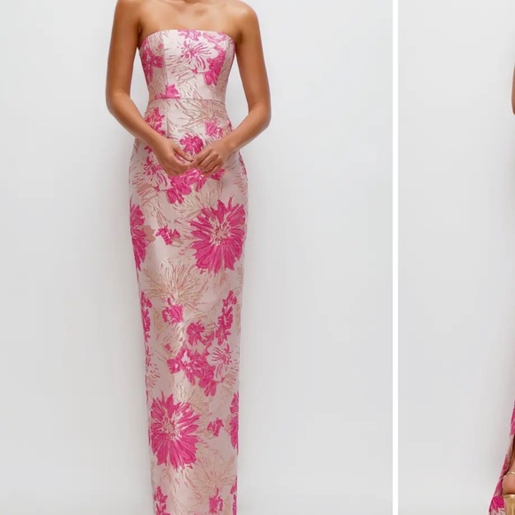 ALFRED SUNG Dresses & Skirts - Alfred Sung pink multi hibiscus metallic floral jacquard strapless column gown